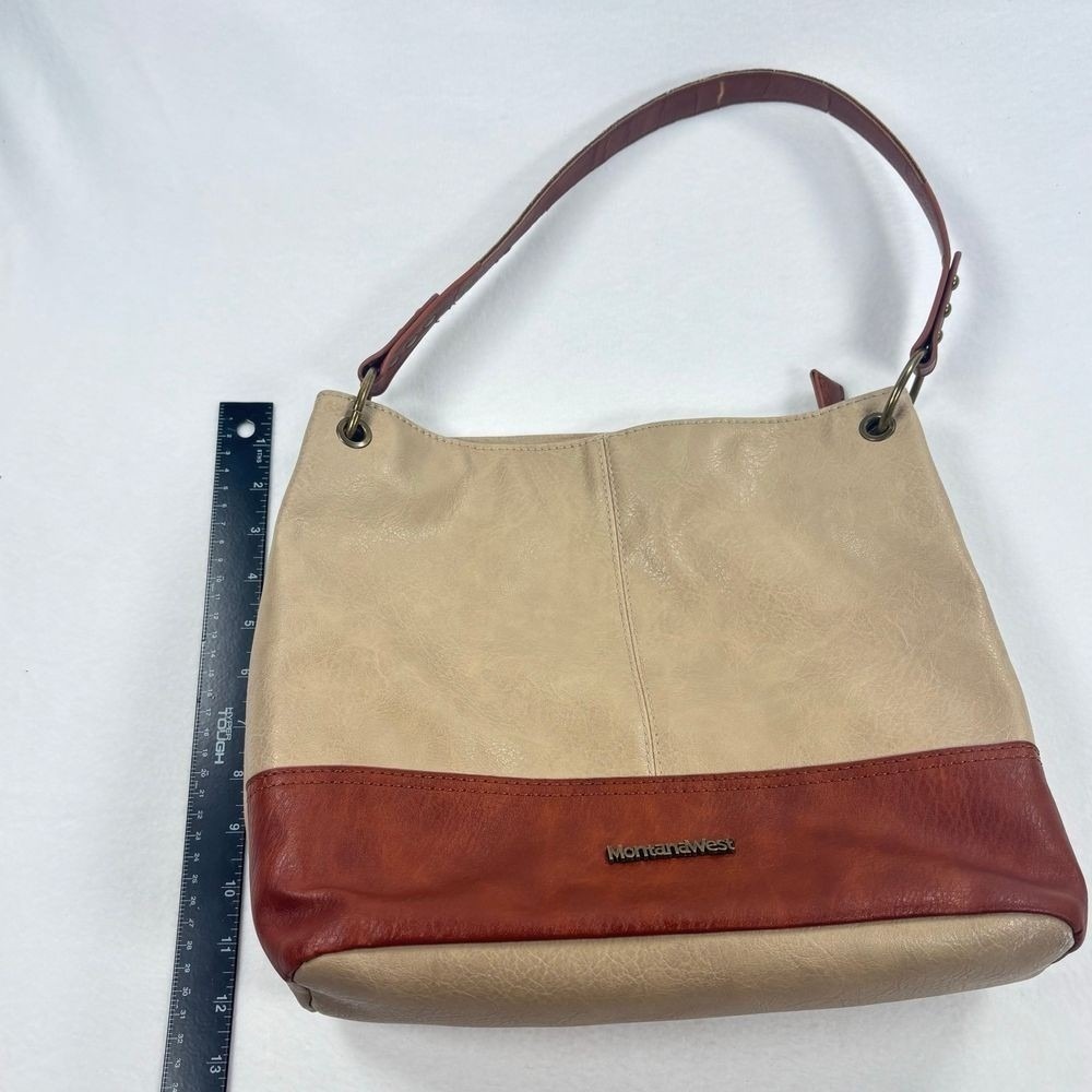 Montana West Slouchy Purse Bag Medium Leather Brown Beige Equestrian Western - Picture 6 of 13
